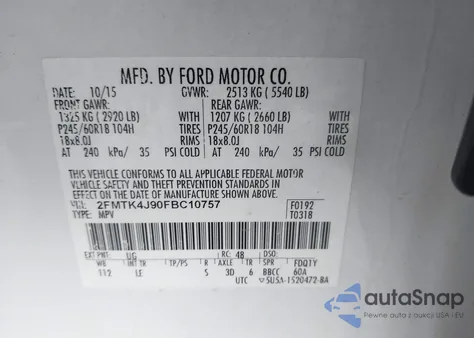 2015 Ford Edge Titanium z USA, uszkodzony, nr VIN 2FMTK3K92FBB43734